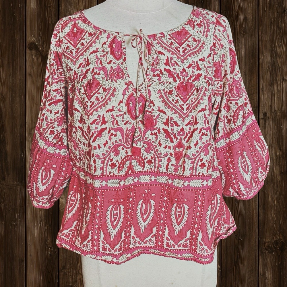 Natural Life Floral Boho Peasant  Cropped Top Sz M Tiered Neck Tie with Tassels